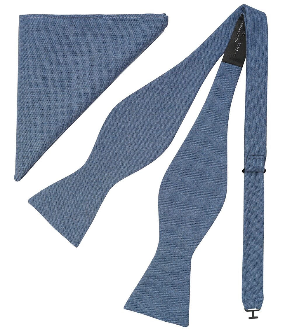 7353 Steel Blue Bow Tie and Pocket Square Tuexdo, Self-Tied Cotton Linen